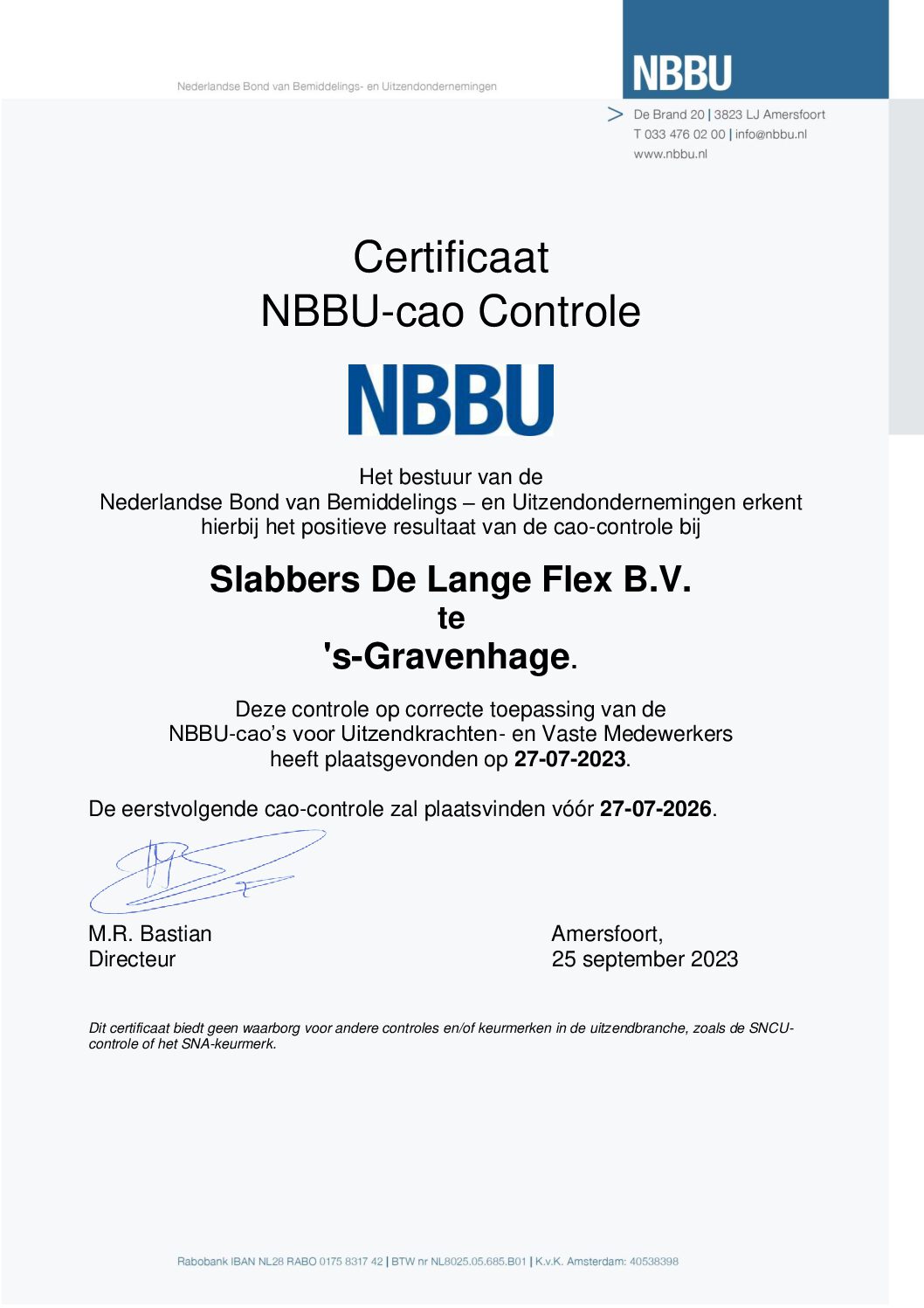 certificaat van NBBU voor positief resultaat van de cao controle